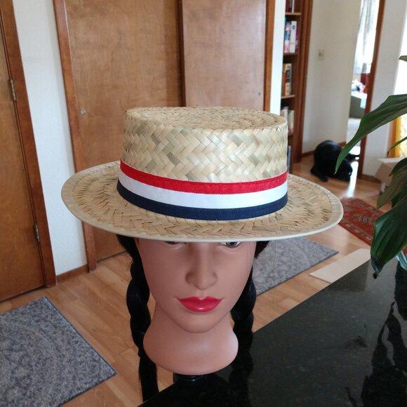 100% STRAW PANAMA PATRIOTIC SKIMMER BOAT HAT RED WHITE BLUE RIBBON WIDE BRIM - Picture 2 of 4